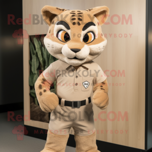 Beige Bobcat mascot costume character dressed with a Playsuit and Belts