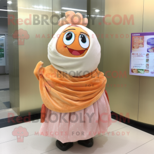 Peach Sushi mascot costume character dressed with a Pleated Skirt and Shawl pins