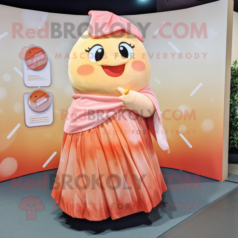 Peach Sushi mascot costume character dressed with a Pleated Skirt and Shawl pins