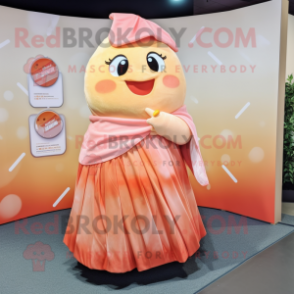 Peach Sushi mascot costume character dressed with a Pleated Skirt and Shawl pins