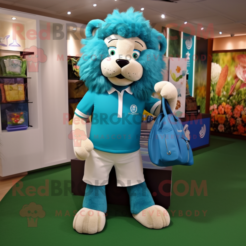 Turquoise Lion mascot costume character dressed with a Polo Tee and Handbags Turquoise Lion mascot costume character dressed with a Polo Tee and Handbags