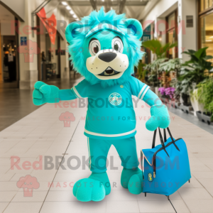 Turquoise Lion mascot costume character dressed with a Polo Tee and Handbags