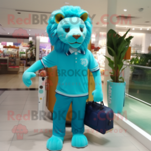 Turquoise Lion mascot costume character dressed with a Polo Tee and Handbags