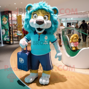 Turquoise Lion mascot costume character dressed with a Polo Tee and Handbags