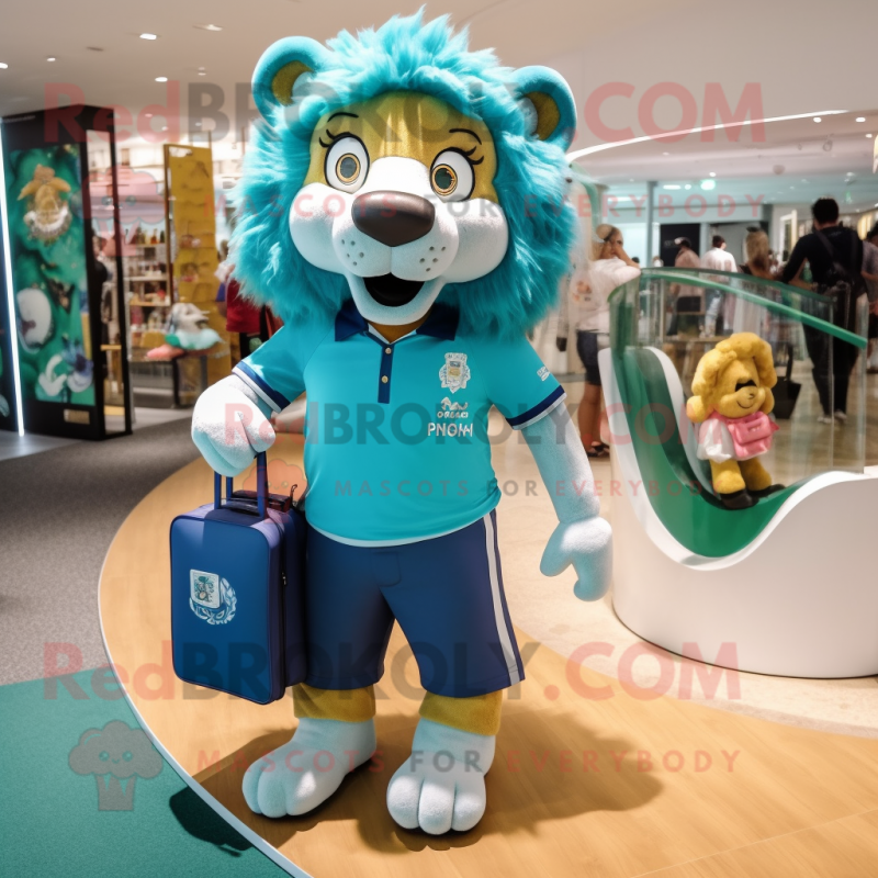 Turquoise Lion mascot costume character dressed with a Polo Tee and Handbags Turquoise Lion mascot costume character dressed with a Polo Tee and Handbags