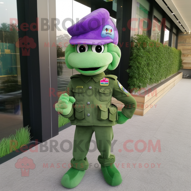 Lavender Green Beret mascot costume character dressed with a Skinny Jeans and Headbands