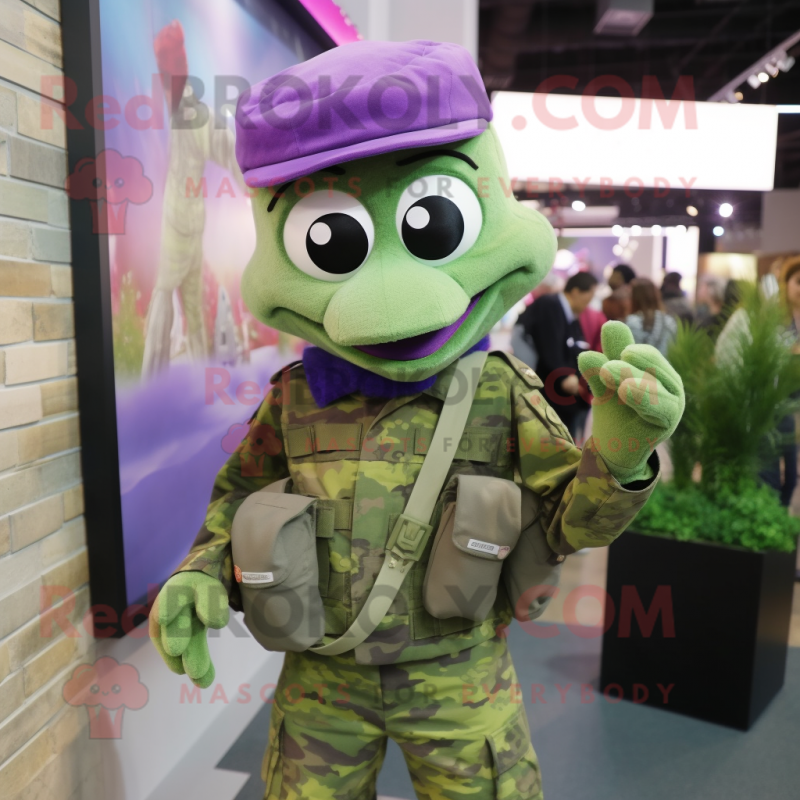 Lavender Green Beret mascot costume character dressed with a Skinny Jeans and Headbands Lavender Green Beret mascot costume character dressed with a Skinny Jeans and Headbands