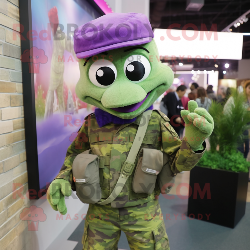 Lavender Green Beret mascot costume character dressed with a Skinny Jeans and Headbands