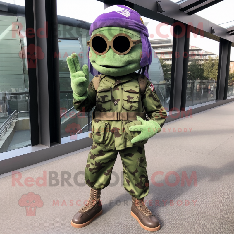 Lavender Green Beret mascot costume character dressed with a Skinny Jeans and Headbands
