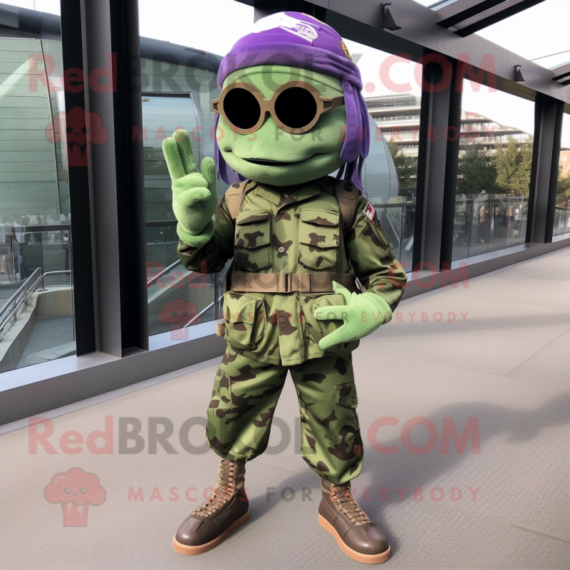 Lavender Green Beret mascot costume character dressed with a Skinny Jeans and Headbands Lavender Green Beret mascot costume character dressed with a Skinny Jeans and Headbands