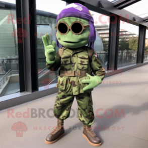 Lavender Green Beret mascot costume character dressed with a Skinny Jeans and Headbands