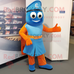 Blue Orange mascot costume character dressed with a Sheath Dress and Belts