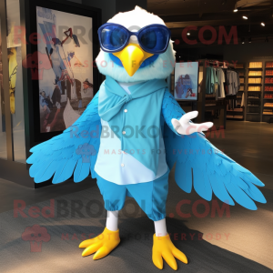 Sky Blue Hawk mascot costume character dressed with a Wrap Skirt and Sunglasses