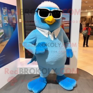 Sky Blue Hawk mascot costume character dressed with a Wrap Skirt and Sunglasses