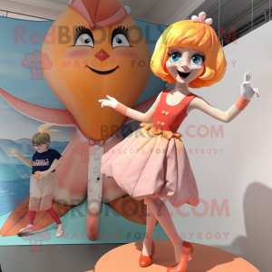 Peach Trapeze Artist mascot costume character dressed with a Playsuit and Cummerbunds