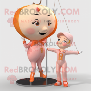 Peach Trapeze Artist mascot costume character dressed with a Playsuit and Cummerbunds