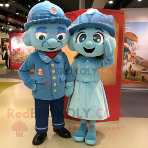 Sky Blue Engagement Ring mascot costume character dressed with a Corduroy Pants and Berets