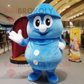 Sky Blue Engagement Ring mascot costume character dressed with a Corduroy Pants and Berets