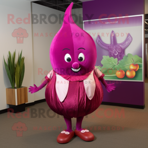 Magenta Onion mascot costume character dressed with a Dress Pants and Necklaces