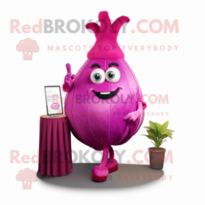 Magenta Onion mascot costume character dressed with a Dress Pants and Necklaces