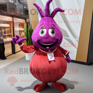 Magenta Onion mascot costume character dressed with a Dress Pants and Necklaces