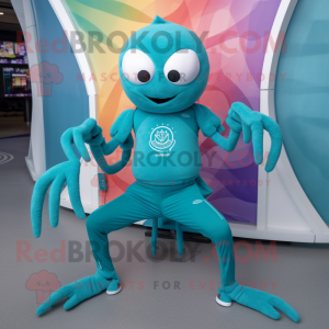 Teal Spider mascot costume character dressed with a Yoga Pants and Bracelet watches