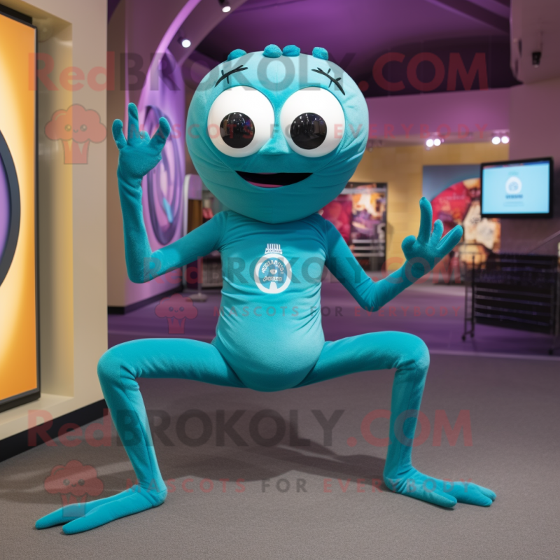 Teal Spider mascot costume character dressed with a Yoga Pants and Bracelet watches Teal Spider mascot costume character dressed with a Yoga Pants and Bracelet watches