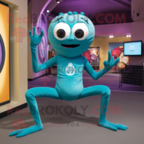 Teal Spider mascot costume character dressed with a Yoga Pants and Bracelet watches