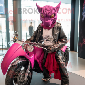 Magenta Gargoyle mascot costume character dressed with a Biker Jacket and Scarves