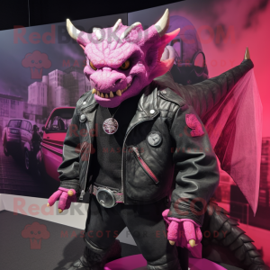 Magenta Gargoyle mascot costume character dressed with a Biker Jacket and Scarves