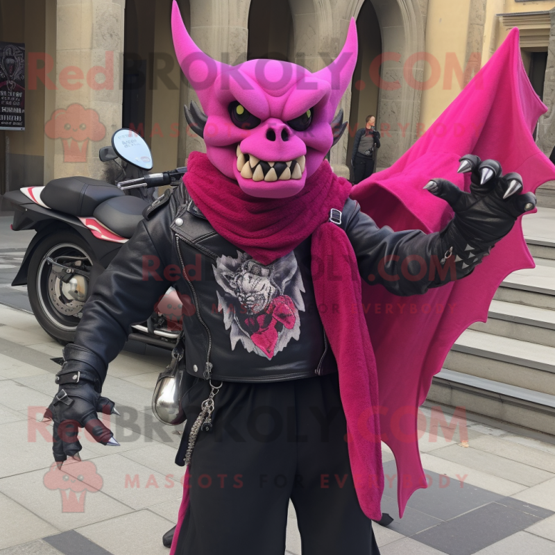 Magenta Gargoyle mascot costume character dressed with a Biker Jacket and Scarves