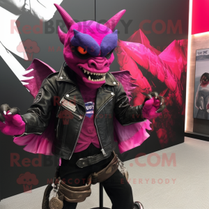 Magenta Gargoyle mascot costume character dressed with a Biker Jacket and Scarves