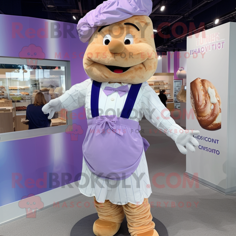 Lavender Croissant mascot costume character dressed with a Dress Shirt and Suspenders