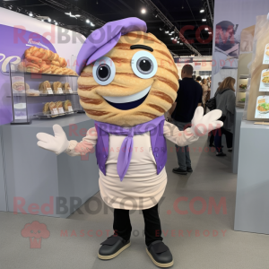 Lavender Croissant mascot costume character dressed with a Dress Shirt and Suspenders