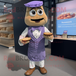 Lavender Croissant mascot costume character dressed with a Dress Shirt and Suspenders