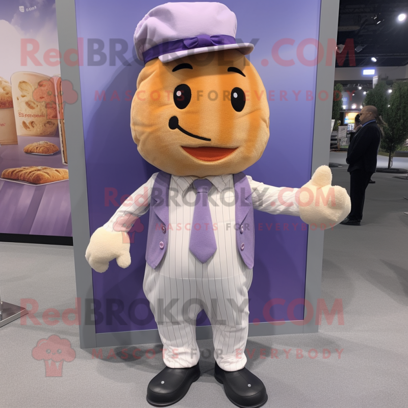 Lavender Croissant mascot costume character dressed with a Dress Shirt and Suspenders