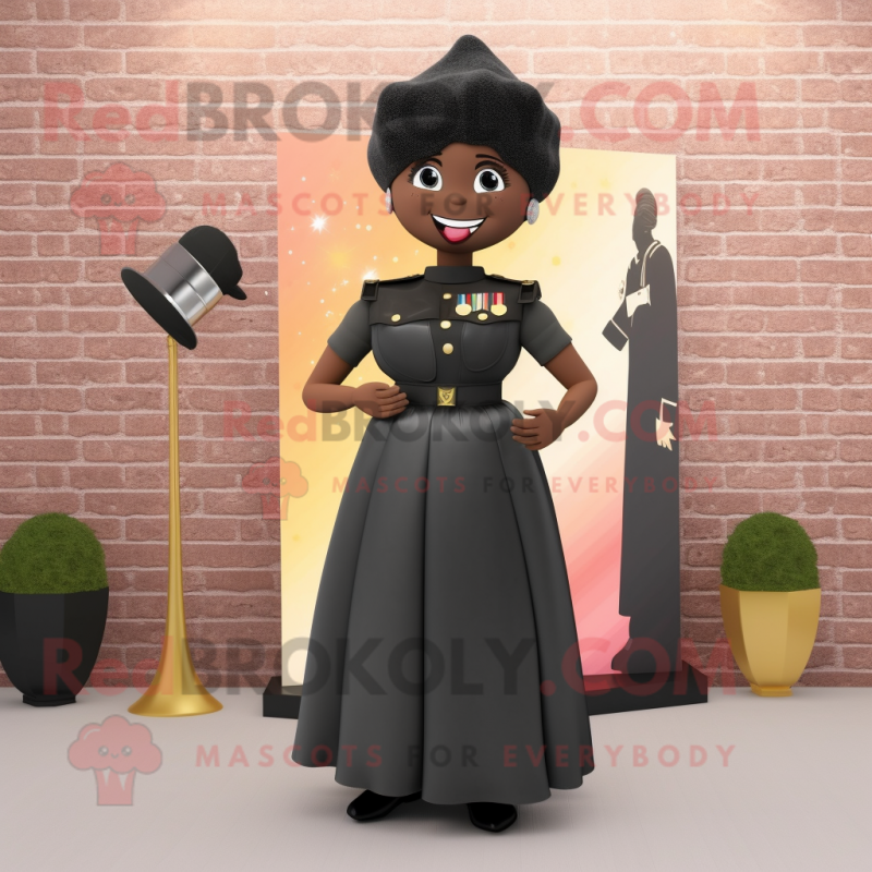 Black Army Soldier mascot costume character dressed with a Evening Gown and Earrings