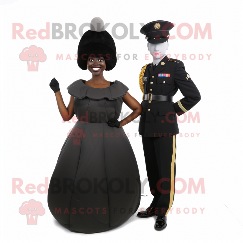 Black Army Soldier mascot costume character dressed with a Evening Gown and Earrings