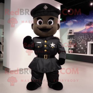 Black Army Soldier mascot costume character dressed with a Evening Gown and Earrings