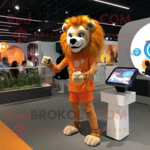 Orange Lion mascot costume character dressed with a Shift Dress and Smartwatches