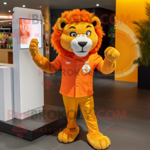 Orange Lion mascot costume character dressed with a Shift Dress and Smartwatches