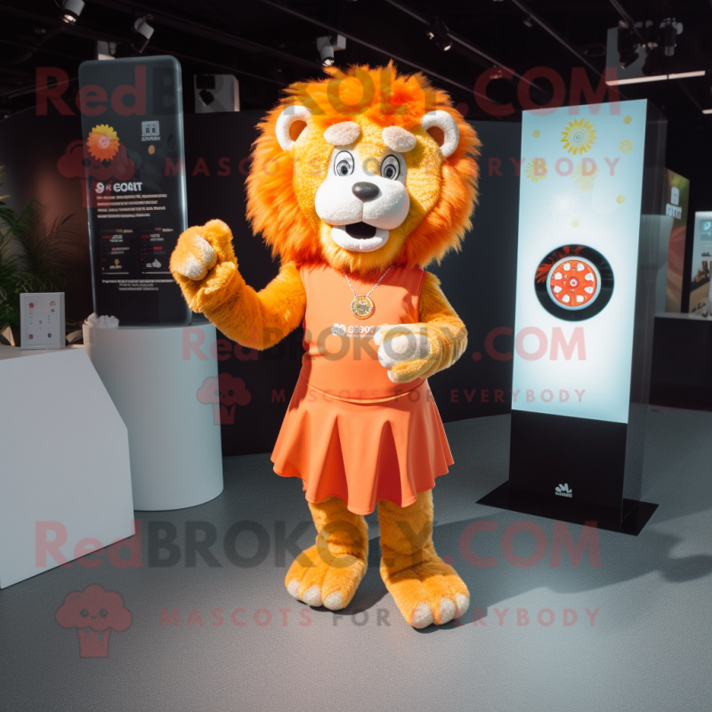 Orange Lion mascot costume character dressed with a Shift Dress and Smartwatches