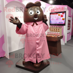 Pink Chocolate Bars mascot costume character dressed with a Raincoat and Earrings