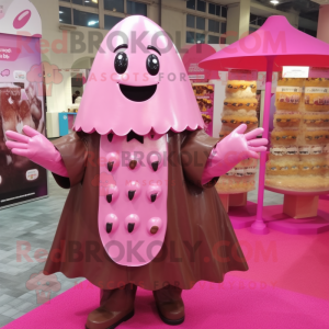 Pink Chocolate Bars mascot costume character dressed with a Raincoat and Earrings