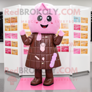 Pink Chocolate Bars mascot costume character dressed with a Raincoat and Earrings