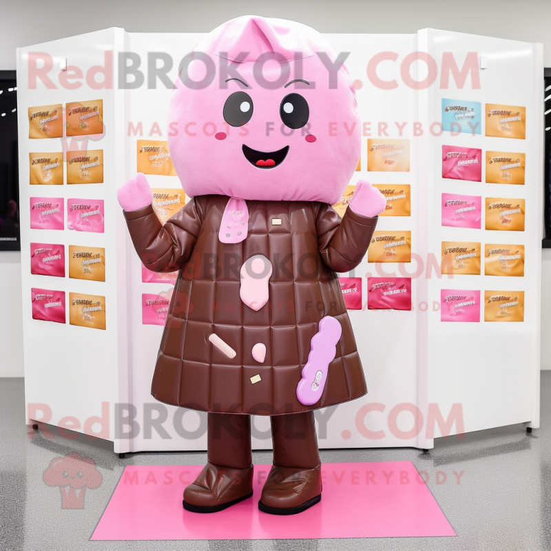 Pink Chocolate Bars mascot costume character dressed with a Raincoat and Earrings Pink Chocolate Bars mascot costume character dressed with a Raincoat and Earrings
