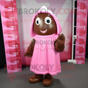 Pink Chocolate Bars mascot costume character dressed with a Raincoat and Earrings