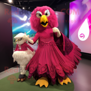 Magenta Eagle mascot costume character dressed with a Ball Gown and Watches