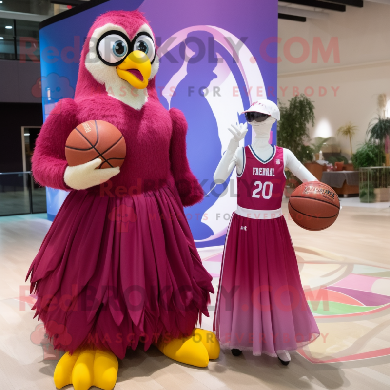 Magenta Eagle mascot costume character dressed with a Ball Gown and Watches Magenta Eagle mascot costume character dressed with a Ball Gown and Watches