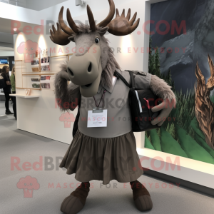 Gray Irish Elk mascot costume character dressed with a Pleated Skirt and Backpacks